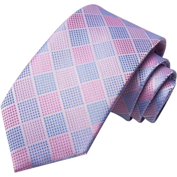 Mens Pink Tie Set Solid Paisley Necktie Pocket Square Cufflinks Formal Silk - Picture 2 of 6